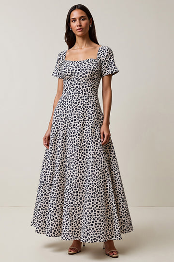 White Blue Flower A Line Square Neck Maxi Dress